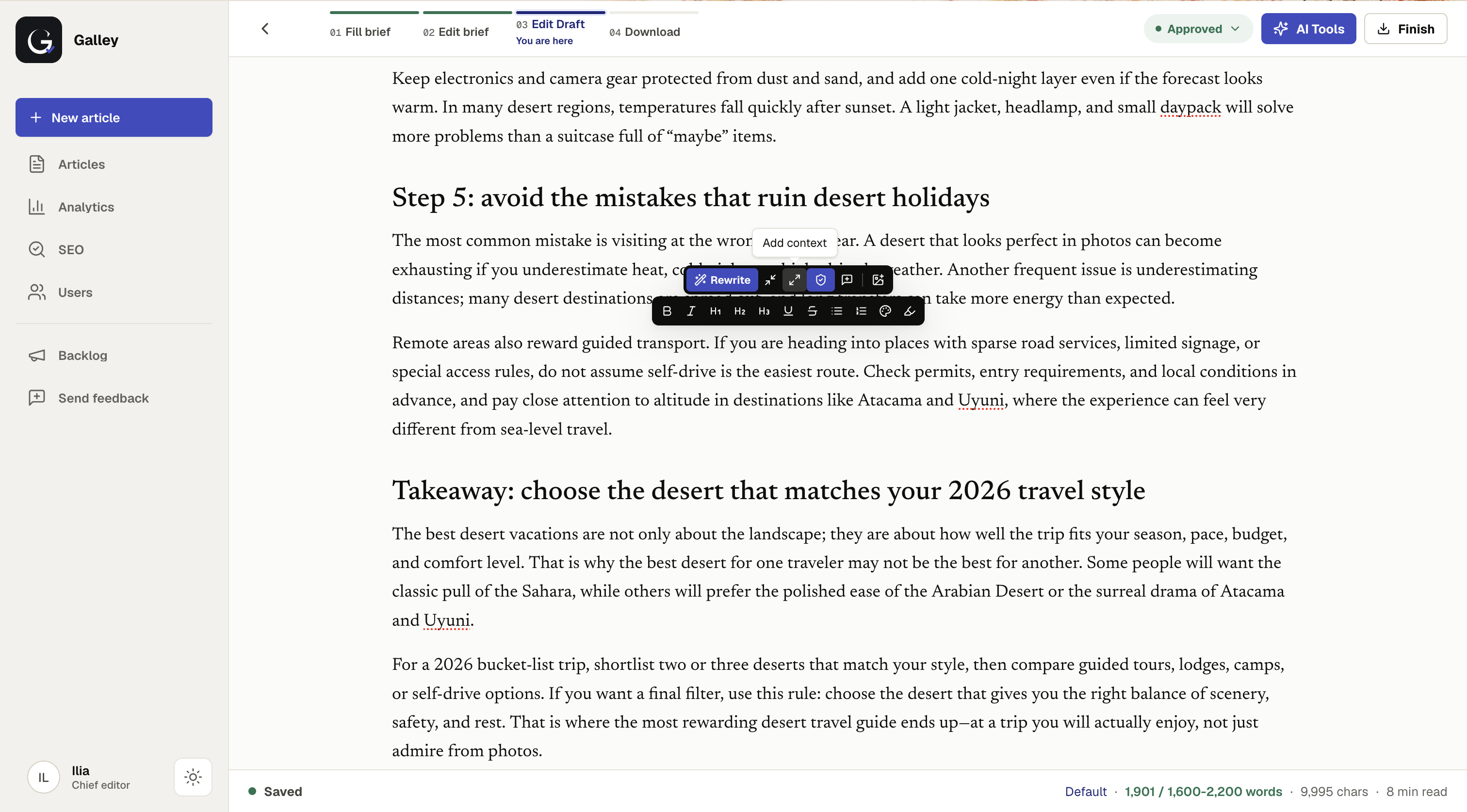 Galley editor — rewrite and formatting tools on selected text