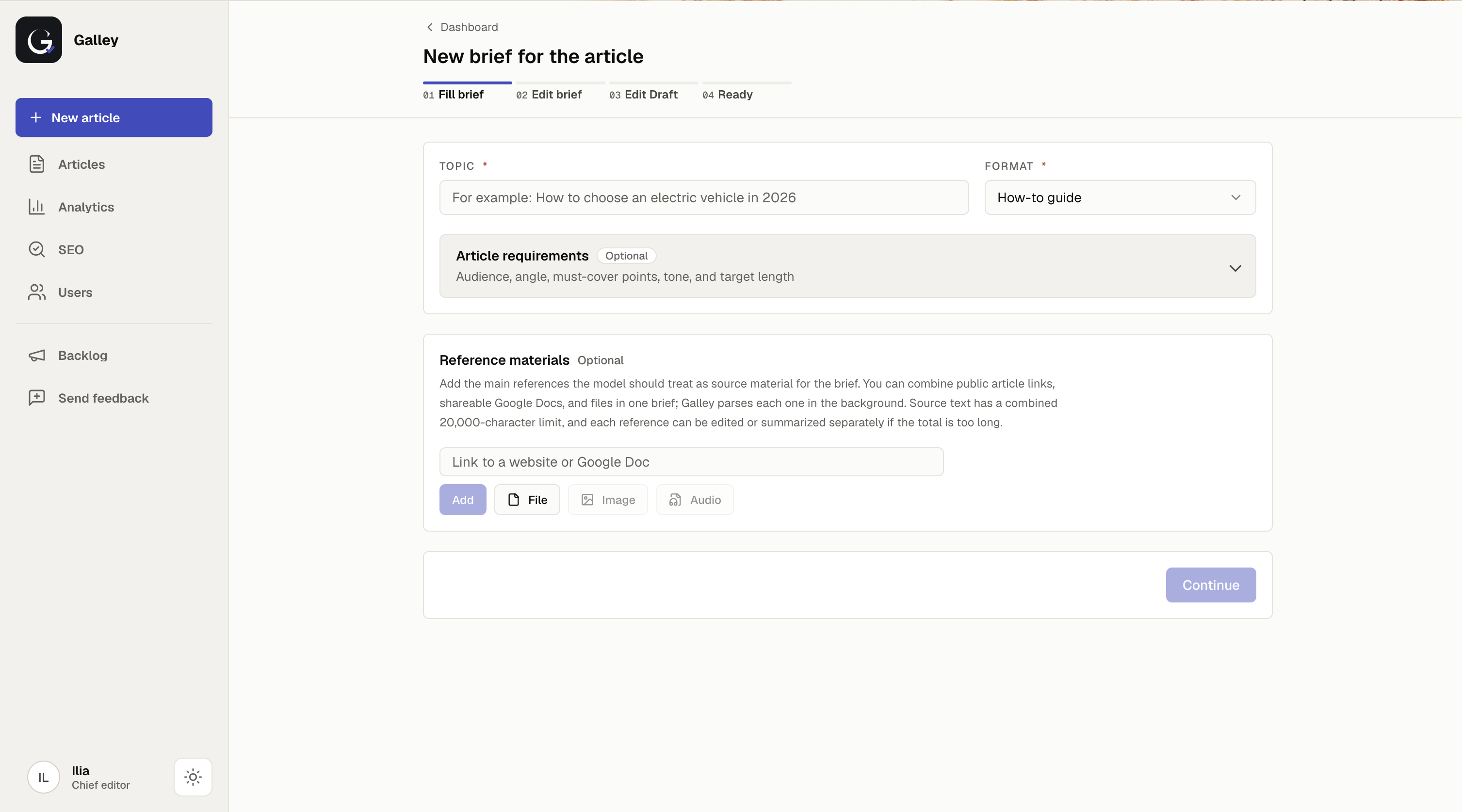 Galley editor — new article intake